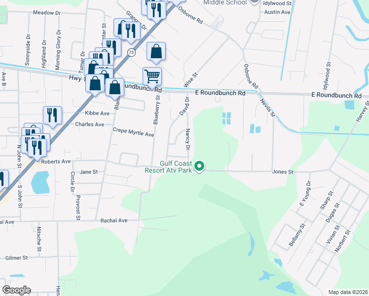 map of restaurants, bars, coffee shops, grocery stores, and more near 406 Calvin Drive in Bridge City