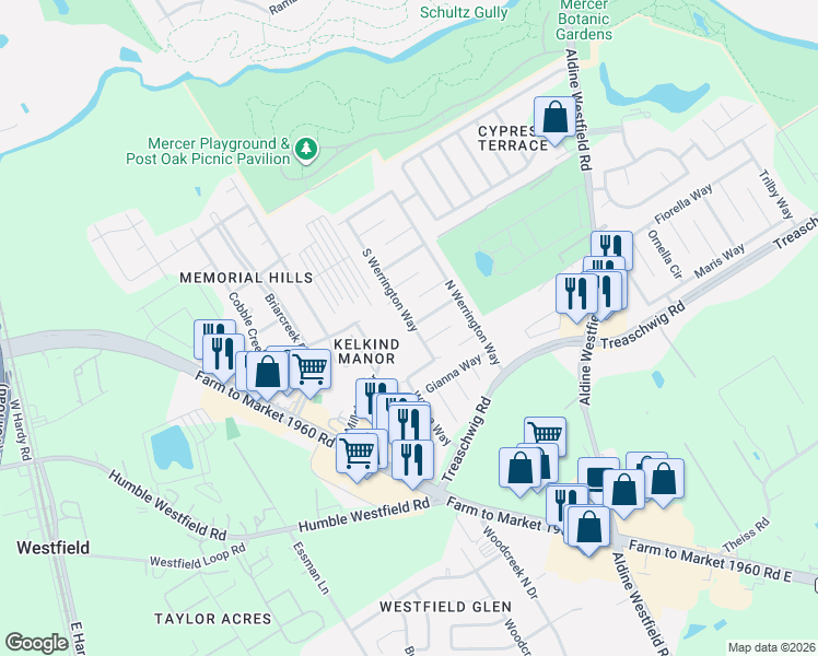 map of restaurants, bars, coffee shops, grocery stores, and more near 21607 South Werrington Way in Houston