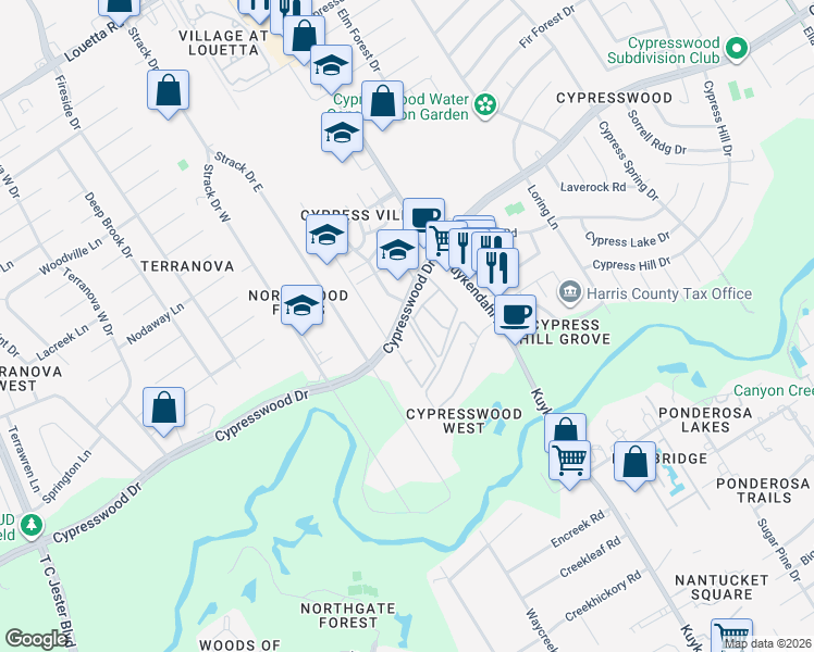 map of restaurants, bars, coffee shops, grocery stores, and more near 4607 Cypresswood Drive in Spring
