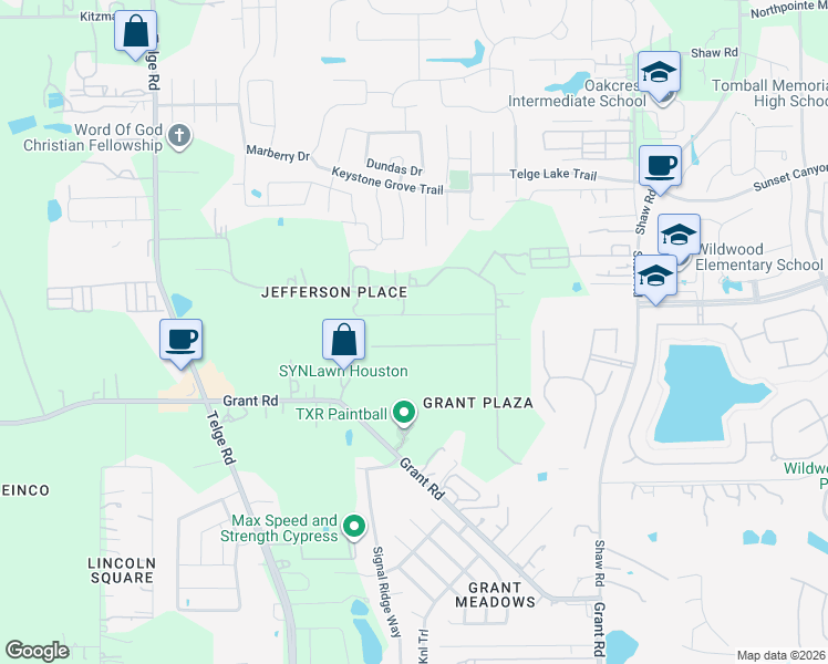 map of restaurants, bars, coffee shops, grocery stores, and more near 15930 Grant Road in Cypress