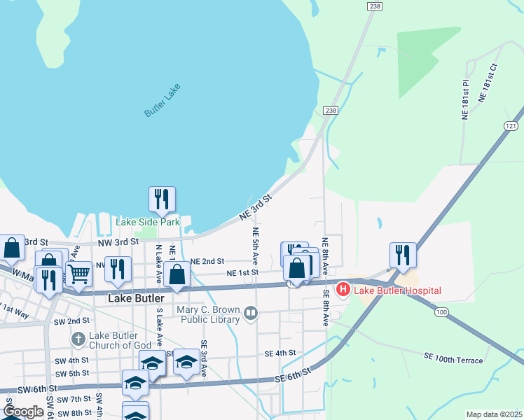 map of restaurants, bars, coffee shops, grocery stores, and more near 520 Northeast 3rd Street in Lake Butler