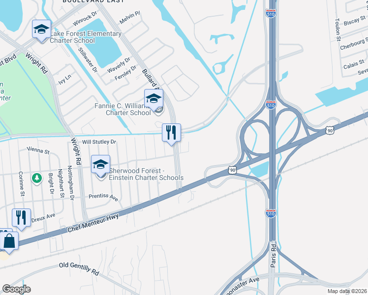 map of restaurants, bars, coffee shops, grocery stores, and more near 4916 Bullard Avenue in New Orleans