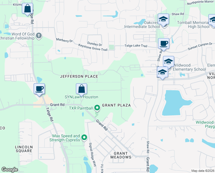 map of restaurants, bars, coffee shops, grocery stores, and more near 15930 Grant Road in Harris County