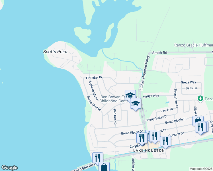 map of restaurants, bars, coffee shops, grocery stores, and more near 24506 Whitesail Drive in Huffman