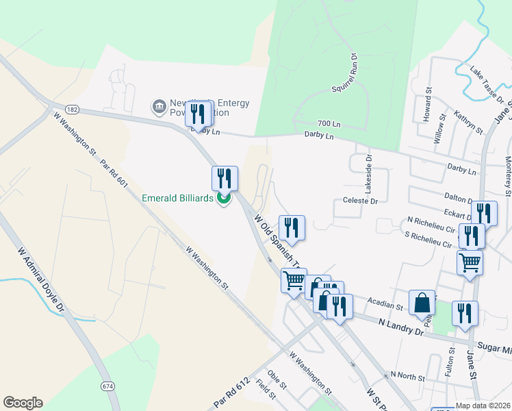 map of restaurants, bars, coffee shops, grocery stores, and more near 2118 West Main Street in New Iberia