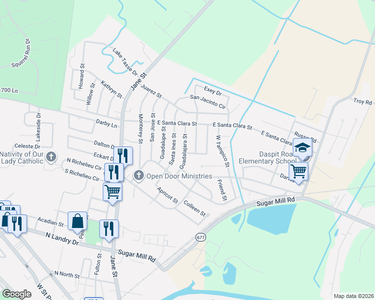 map of restaurants, bars, coffee shops, grocery stores, and more near 502 Caliente Street in New Iberia