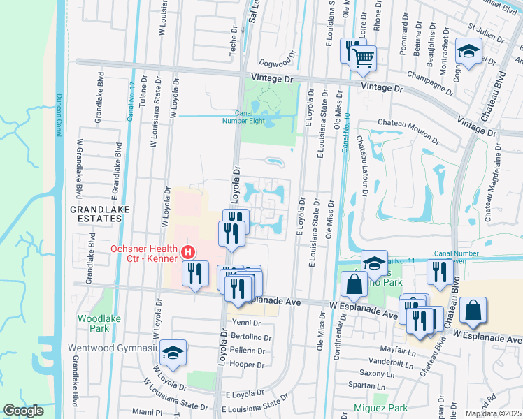 map of restaurants, bars, coffee shops, grocery stores, and more near 3600 Loyola Drive in Kenner