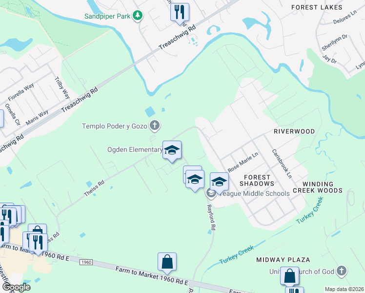 map of restaurants, bars, coffee shops, grocery stores, and more near 21832 Rayford Road in Humble