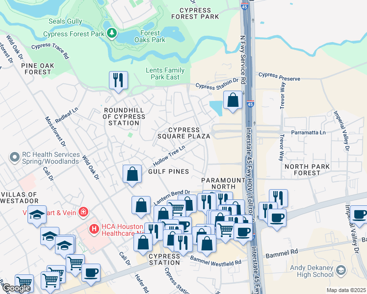 map of restaurants, bars, coffee shops, grocery stores, and more near 101 Hollow Tree Lane in Houston