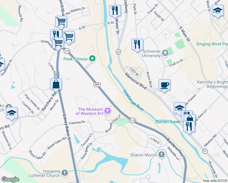 map of restaurants, bars, coffee shops, grocery stores, and more near 1441-1549 Bandera Highway in Kerrville