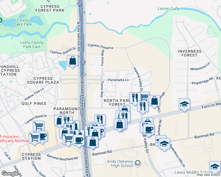 map of restaurants, bars, coffee shops, grocery stores, and more near 310 Parramatta Lane in Houston