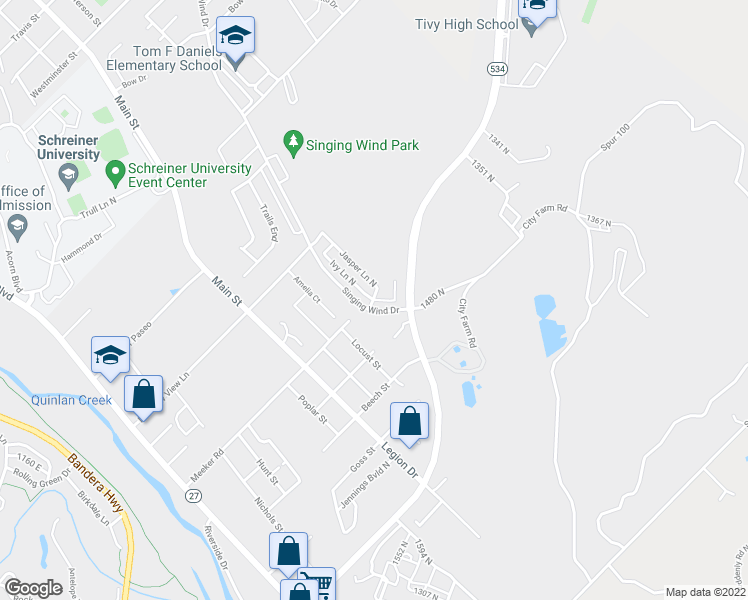map of restaurants, bars, coffee shops, grocery stores, and more near 177 Ivy Lane in Kerrville
