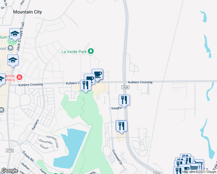 map of restaurants, bars, coffee shops, grocery stores, and more near 4264 Cromwell Drive in Kyle