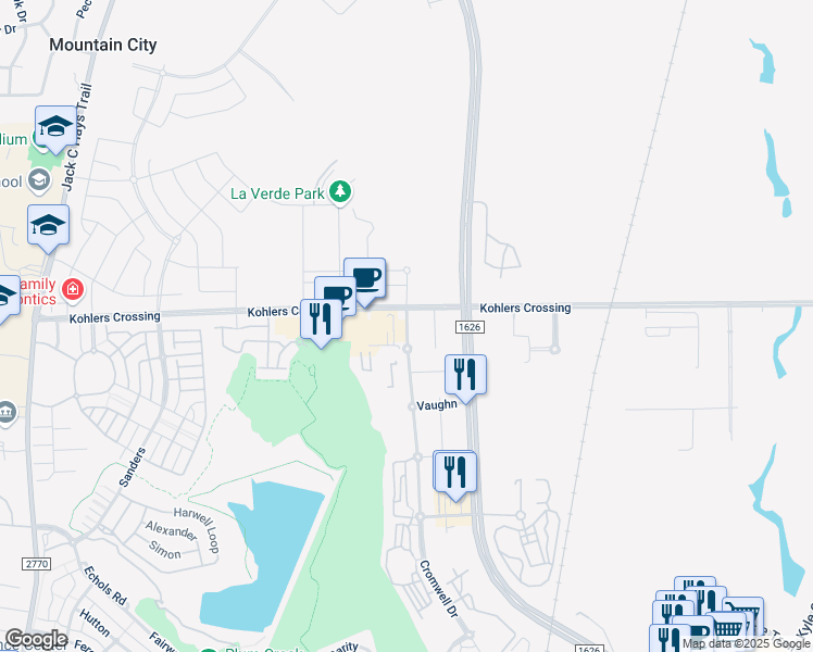 map of restaurants, bars, coffee shops, grocery stores, and more near 4302 Cromwell Drive in Kyle