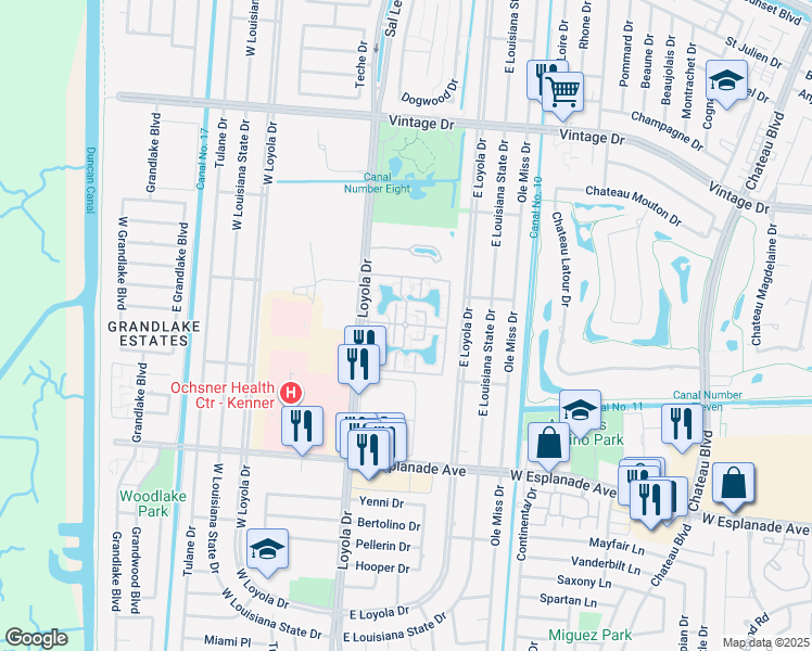 map of restaurants, bars, coffee shops, grocery stores, and more near 3600 Loyola Drive in Kenner