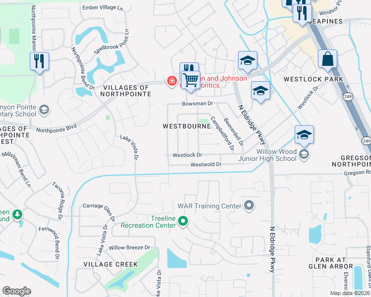 map of restaurants, bars, coffee shops, grocery stores, and more near 12411 Westlock Drive in Tomball
