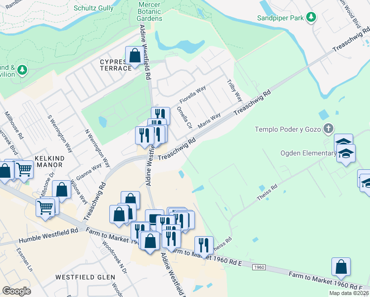 map of restaurants, bars, coffee shops, grocery stores, and more near Shendewolf Baumgartner in Humble