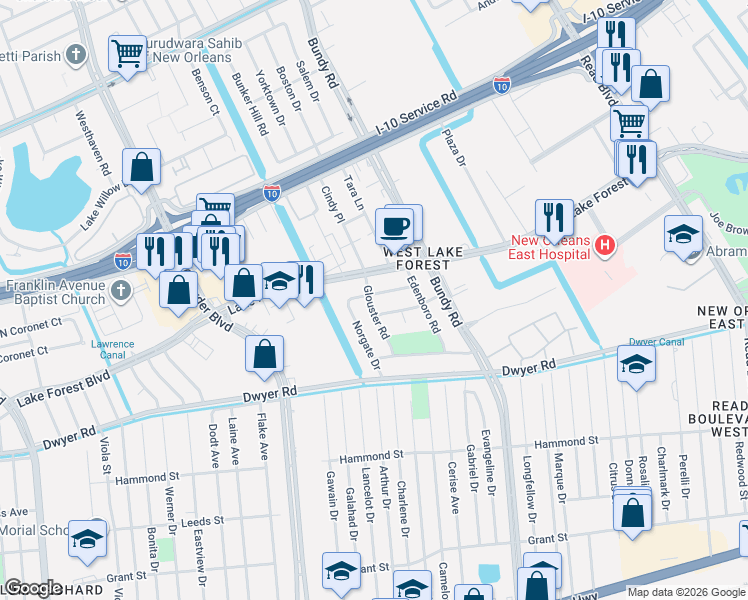 map of restaurants, bars, coffee shops, grocery stores, and more near 5400 Glouster Road in New Orleans