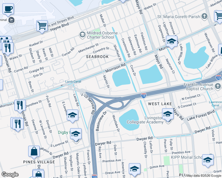 map of restaurants, bars, coffee shops, grocery stores, and more near 6900 Martin Drive in New Orleans