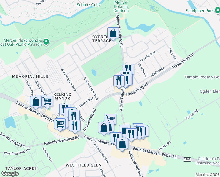 map of restaurants, bars, coffee shops, grocery stores, and more near 3210 Treaschwig Road in Humble