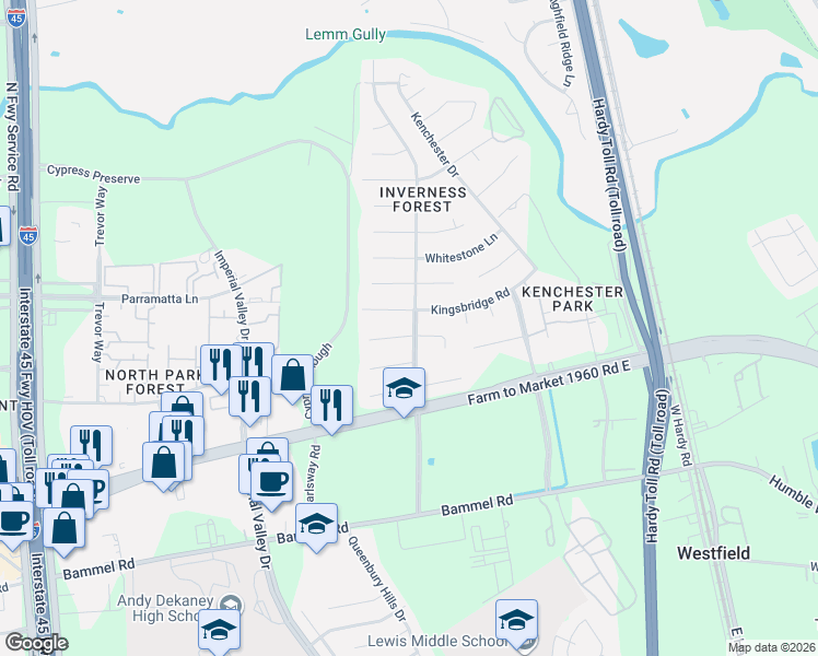 map of restaurants, bars, coffee shops, grocery stores, and more near 1102 Doral Lane in Houston