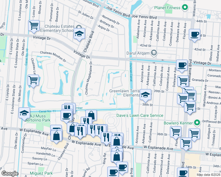 map of restaurants, bars, coffee shops, grocery stores, and more near 7 Chateau Rue Du Jardin Street in Kenner