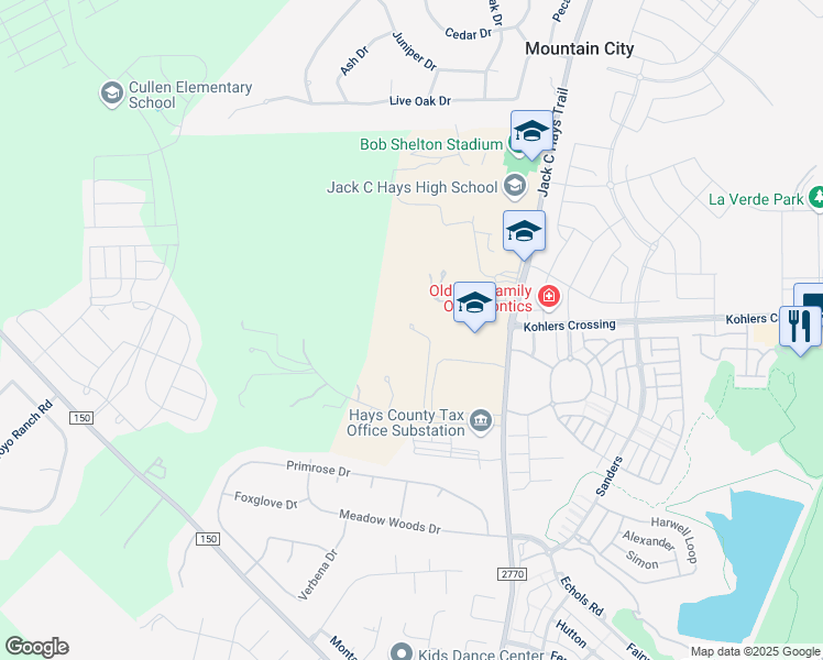 map of restaurants, bars, coffee shops, grocery stores, and more near 250 Crystal Meadow Drive in Kyle