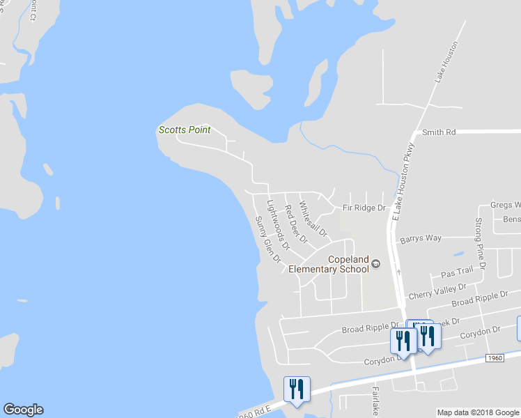 map of restaurants, bars, coffee shops, grocery stores, and more near 24528 Sunny Glen Drive in Huffman