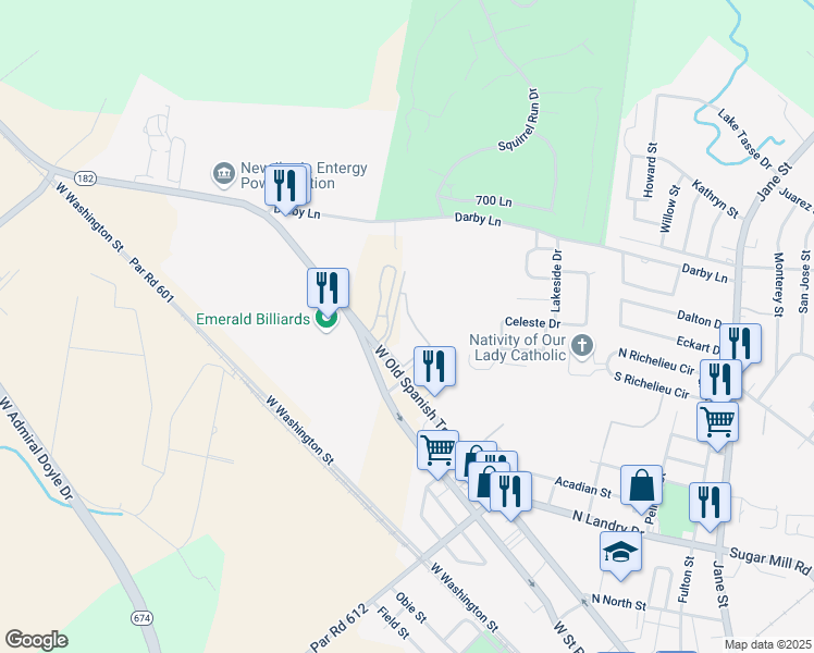 map of restaurants, bars, coffee shops, grocery stores, and more near 2118 West Main Street in New Iberia