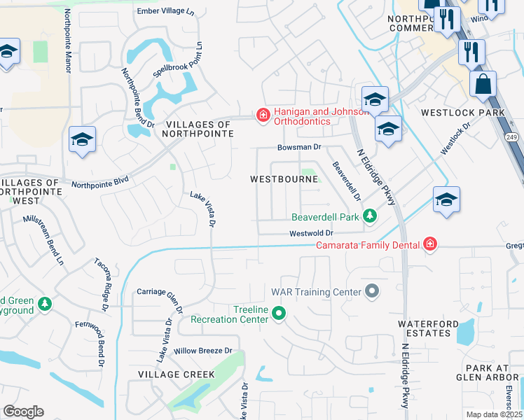 map of restaurants, bars, coffee shops, grocery stores, and more near 18112 Drum Heller Lane in Tomball