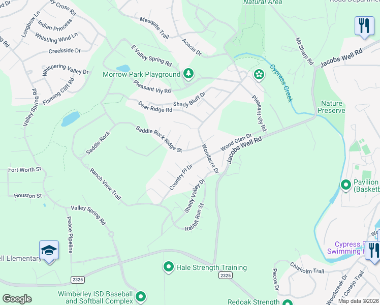 map of restaurants, bars, coffee shops, grocery stores, and more near 4 Windfern Way in Wimberley