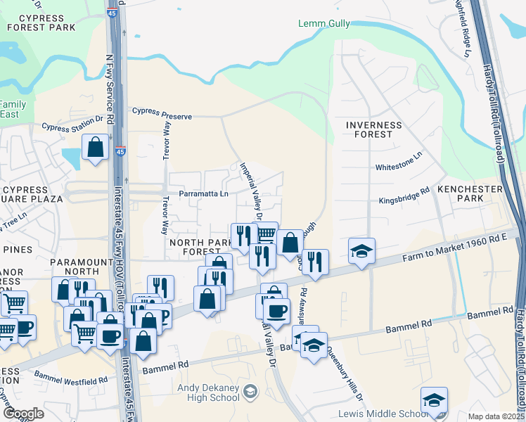 map of restaurants, bars, coffee shops, grocery stores, and more near 22715 Imperial Valley Drive in Houston