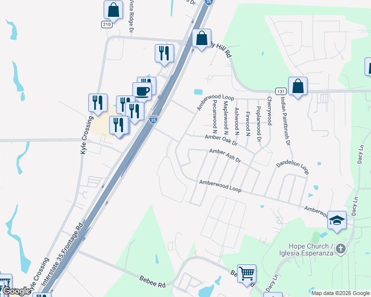 map of restaurants, bars, coffee shops, grocery stores, and more near 1552 Amberwood Loop in Kyle