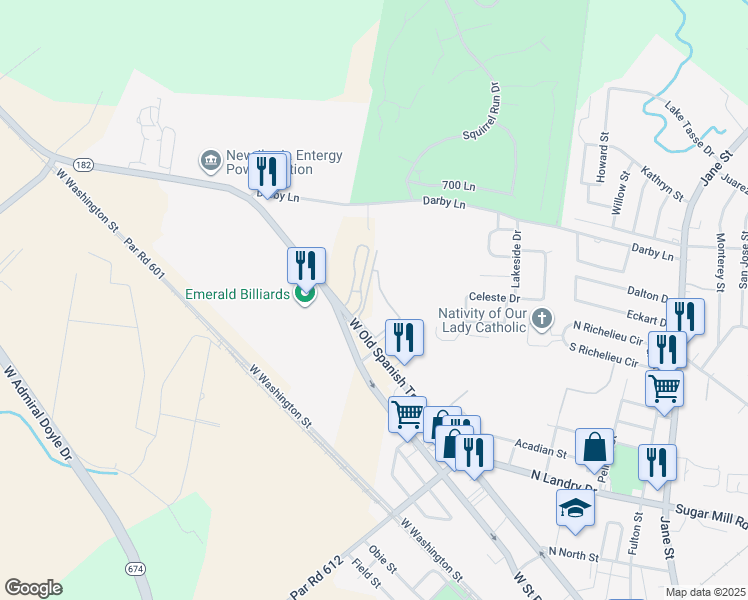 map of restaurants, bars, coffee shops, grocery stores, and more near 2118 West Main Street in New Iberia