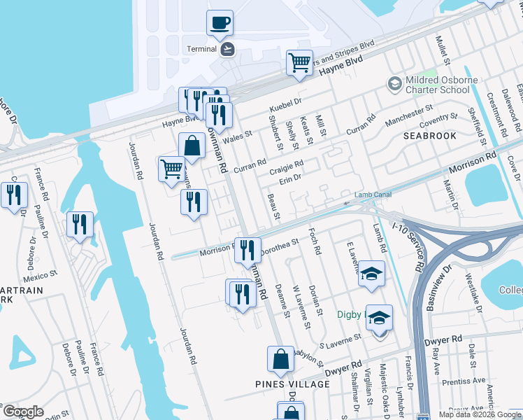 map of restaurants, bars, coffee shops, grocery stores, and more near 7326 Alabama Street in New Orleans