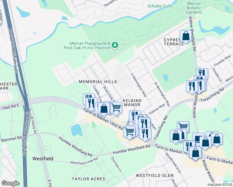 map of restaurants, bars, coffee shops, grocery stores, and more near 2202 Briarcreek Boulevard in Houston