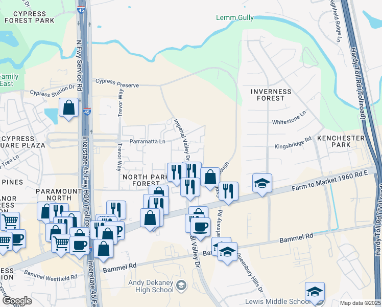 map of restaurants, bars, coffee shops, grocery stores, and more near 22715 Imperial Valley Drive in Houston