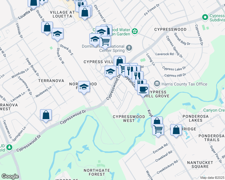 map of restaurants, bars, coffee shops, grocery stores, and more near 4607 Cypresswood Drive in Spring
