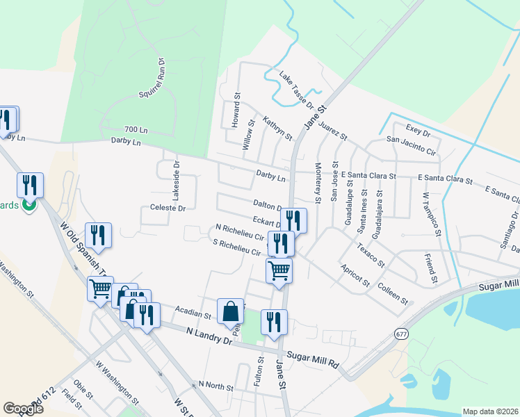 map of restaurants, bars, coffee shops, grocery stores, and more near 171 Eckart Drive in New Iberia