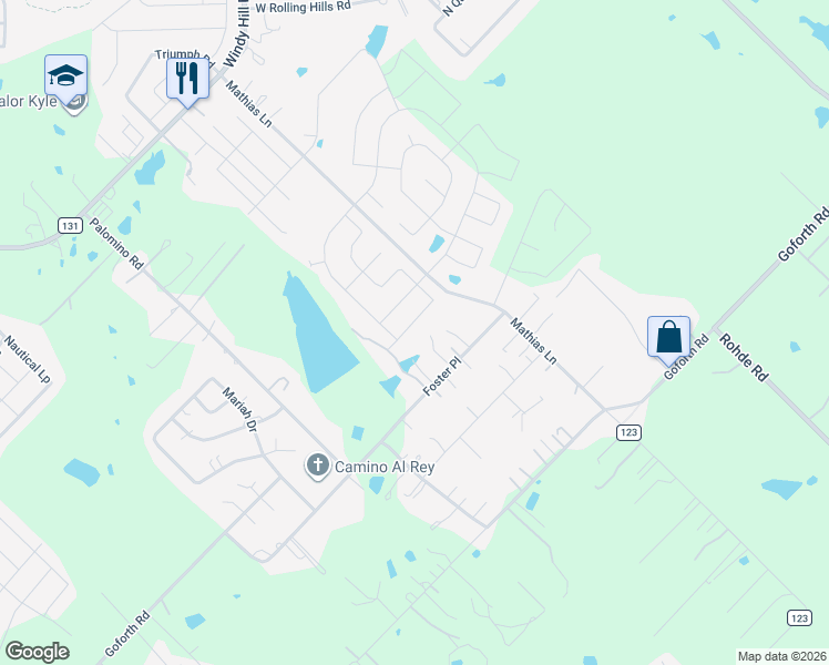 map of restaurants, bars, coffee shops, grocery stores, and more near 385 Foster Place in Kyle
