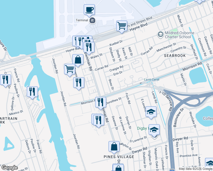 map of restaurants, bars, coffee shops, grocery stores, and more near 7326 Alabama Street in New Orleans