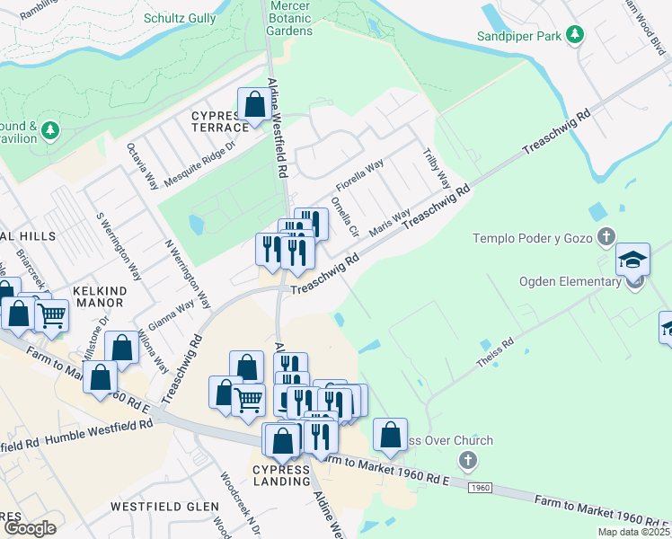 map of restaurants, bars, coffee shops, grocery stores, and more near Shendewolf Baumgartner in Humble
