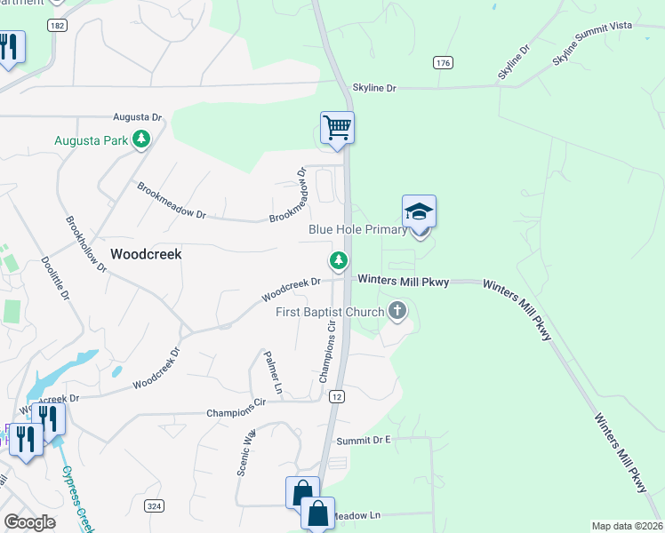 map of restaurants, bars, coffee shops, grocery stores, and more near 5 Deerfield Drive in Woodcreek