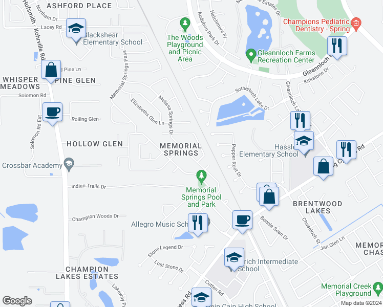 map of restaurants, bars, coffee shops, grocery stores, and more near 18018 Melissa Springs Drive in Tomball