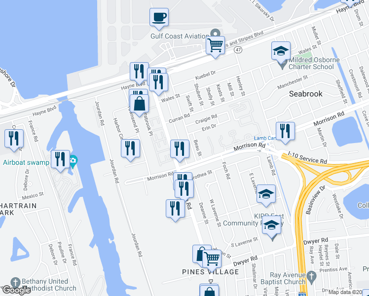 map of restaurants, bars, coffee shops, grocery stores, and more near 7413 Alabama Street in New Orleans