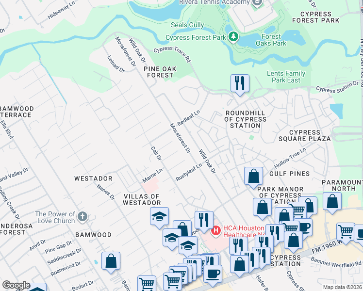 map of restaurants, bars, coffee shops, grocery stores, and more near 17907 Wild Oak Drive in Houston