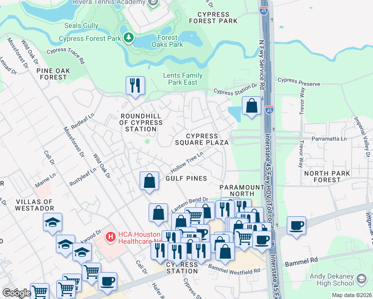 map of restaurants, bars, coffee shops, grocery stores, and more near 200 Hollow Tree Lane in Houston
