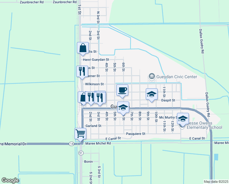 map of restaurants, bars, coffee shops, grocery stores, and more near 701 5th Street in Gueydan