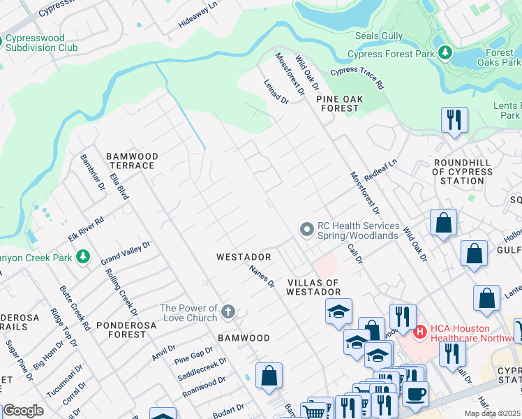 map of restaurants, bars, coffee shops, grocery stores, and more near 17711 Red Oak Drive in Houston