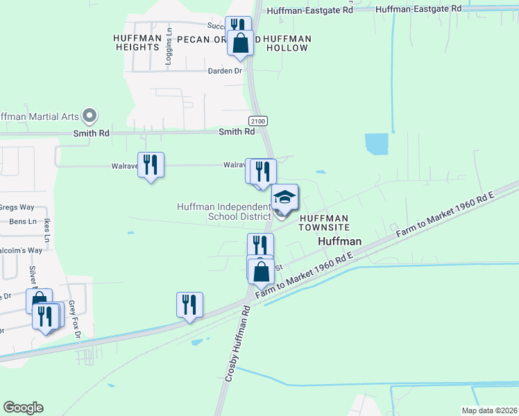 map of restaurants, bars, coffee shops, grocery stores, and more near 24501 Farm to Market 2100 in Huffman